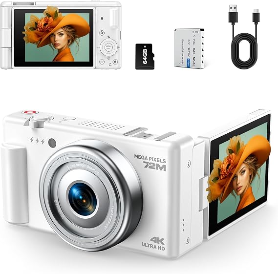 4K Digital Camera for Photography, 72MP Vlogging Camera for YouTube, Autofocus Digital Cameras with 270 Flip Screen, 18X Digital Zoom Point and Shoot Cameras with 64GB TF Card & Battery, Carry Bag