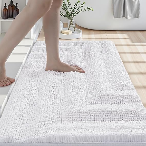 LUMI Luxury Chenille Bath Mats Ultra Absorbent, Plush Fluffy Bathroom Rug with Non-Slip Backing, Soft High Pile Bath Rug for Shower Floor, Tub, 24x43, White