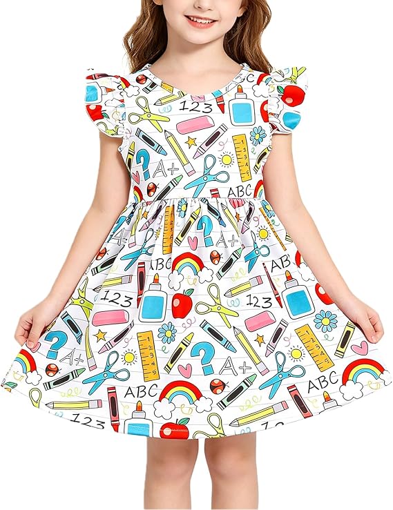 Toddler Girl Dress Back to School Pencil School Bus Print Dress Summer Outfits 3-8T