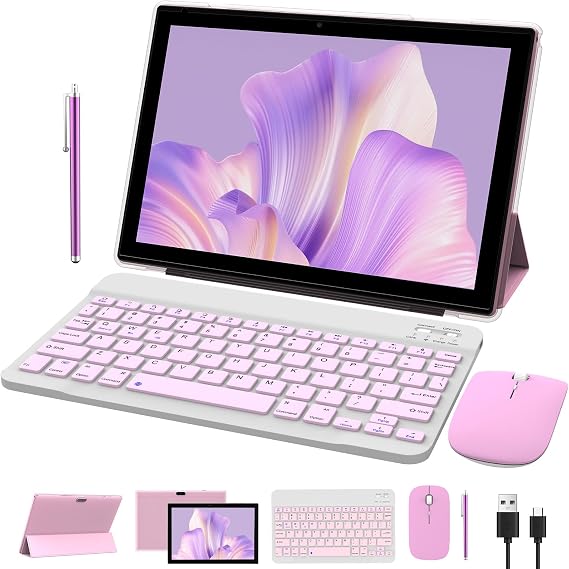 2 in 1 Tablet 10 Inch Android 15 Tableta, Tablets with Keyboard Mouse Case Stylus, 8GB RAM 32GB ROM Supports 1TB Expansion, 2MP+8MP Dual Camera Quad Core Processor 6000mAh Battery 10.1 IN FHD Tab Pink