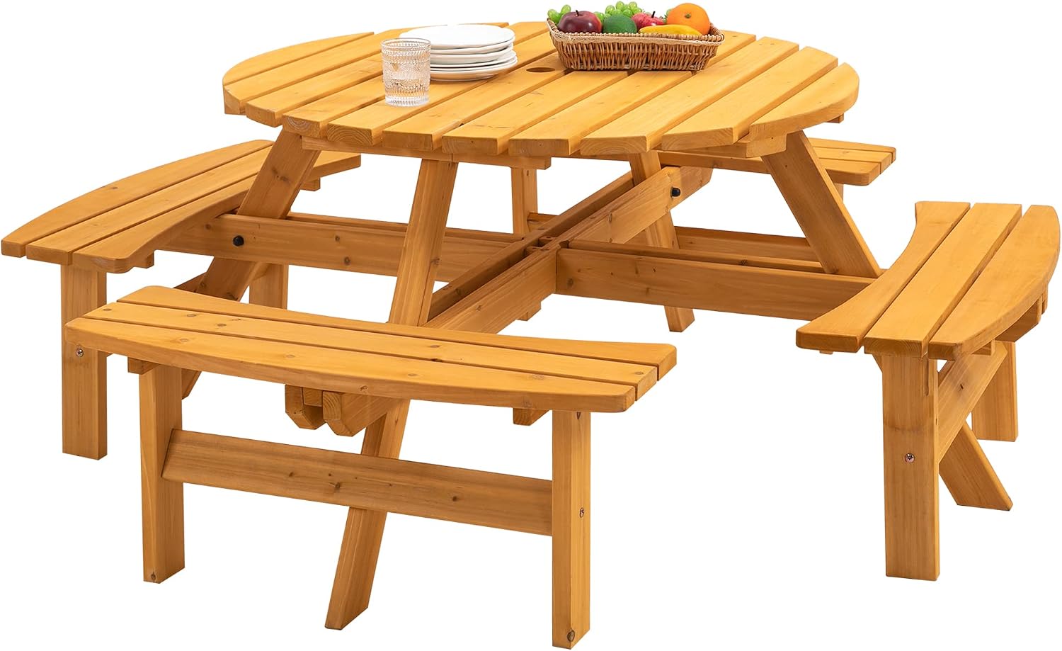 Wooden Picnic Table Set - Dining Set Patio with Wood Bench for 8-Person Outdoor Round Table, Perfect for Outdoor Garden Yard Pub Beer Dining, for Patio, Backyard, Garden Natural, for 8