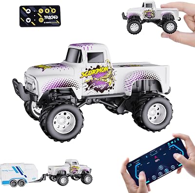 Mini RC Truck with APP Control, 1:64 Scale Monster Truck Toy, 2.4GHz Wireless Remote Control, LED Lights, Alloy Case, MultiControl Modes, SpeedSteering Adjustable White
