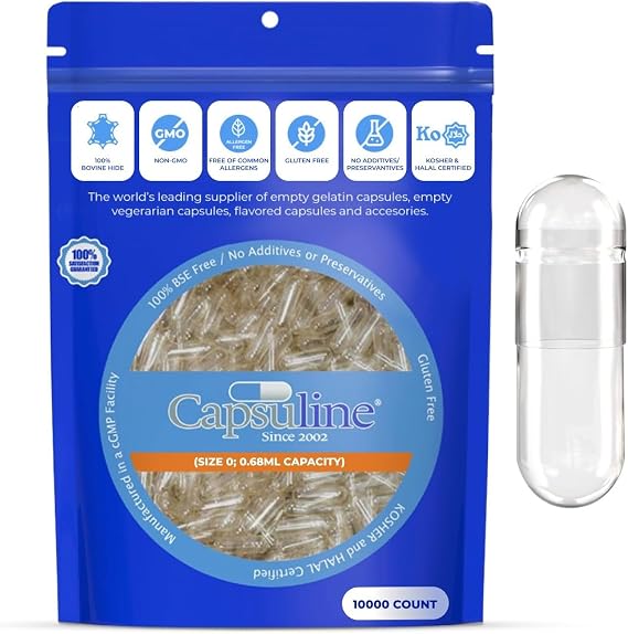 Capsuline - Size 0 Clear Empty Gelatin Capsules - 10000 Count - Manufactured in North & South America - Kosher & Halal Certified - Pill Capsules - 10000SF