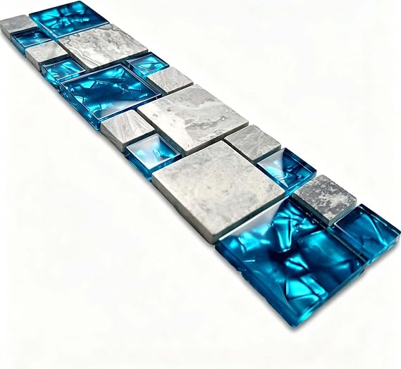 Hominter Glass Mix Stone Mosaic Sample Tile, Teal Blue & Gray