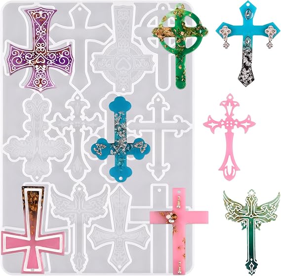Cross Resin Molds,12 Cavity Epoxy Resin Cross Molds | Silicone Molds for Keychain DIY Craft Necklace Jewelry Pendant Making Halloween Gifts