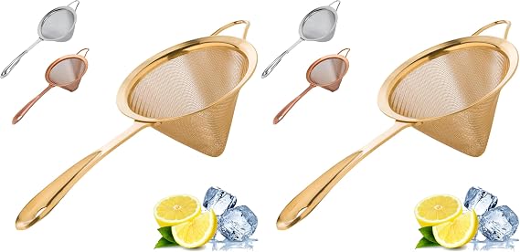 A Bar Above Gold Fine Mesh Cocktail Strainer, 304 Stainless Steel Conical Sieve, Elegant Bartender Tool with Ergonomic Handle for Tea, Coffee, Mixology, Culinary Use, and Double-Straining (Pack of 2)