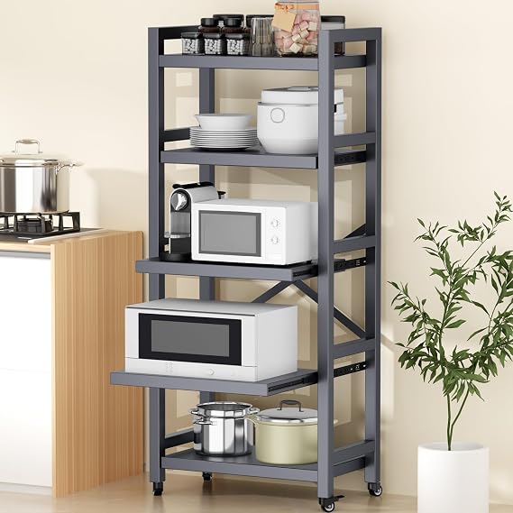 Kitchen Shelf Organizer 5 Tiers Metal Kitchen Bakers Rack Microwave Stand with Storage Cabinet Kitchen Shelves Kitchen Rack for Spices,Pots,Kitchen Rack for Kitchen, Entryway, Living Room