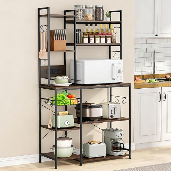 Cheersstar Bakers Rack with Power Outlet -, Standing Kitchen Bakers Rack, 6-Tier Microwave Stand, Coffee Bar with 12 S-Shaped Hooks, Kitchen Shelf with Storage, Coffee Bar Station, for Rustic Brown