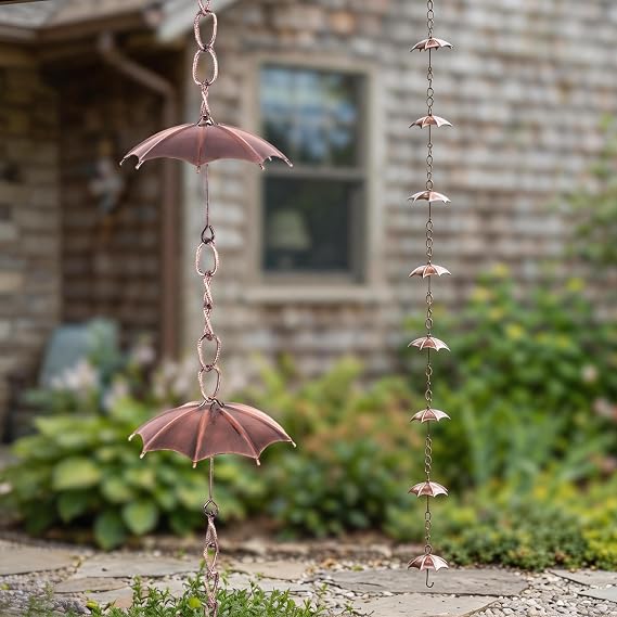 DUSVALLY Umbrella Rain Chain for Gutters, 6 FT Decorative Metal Rain Chain with 8 Cups, Copper Finish Rainwater Chain, Outdoor Downspout Alternative for Garden & Patio