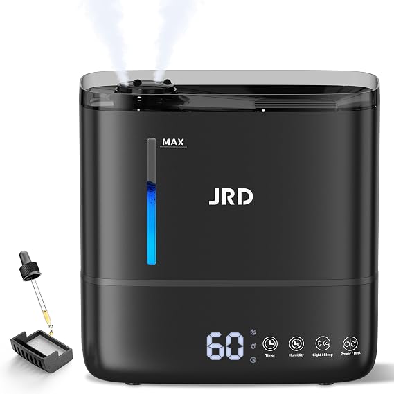 JRD Humidifiers for Bedroom, Ultrasonic Humidifier 4L for Large Room, Cool Mist Top-Fill, 40H Run, 12H Timer, 360 Nozzle, Aroma Diffuser, 7-Color Night Light for Home, Office, Baby, Pets, Plants