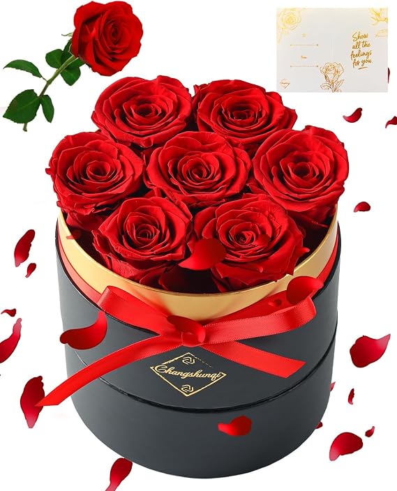 Changshunqi Forever Flowers Preserved Roses in a Box - 7 Preserved Flowers in a Box Last 2-3 Years, Rose Forever Birthday Flower Gifts for Women Her Wife Anniversary Mothers Rose Gift for Her