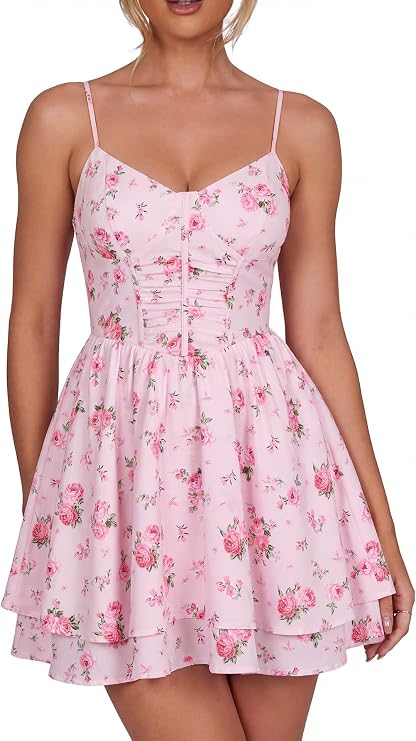 Parthea Womens Floral Corset A Line Mini Dress | Summer Spaghetti Strap Ruched Ruffle Lace Up Flowy Tea Party Cocktail Short Dresses