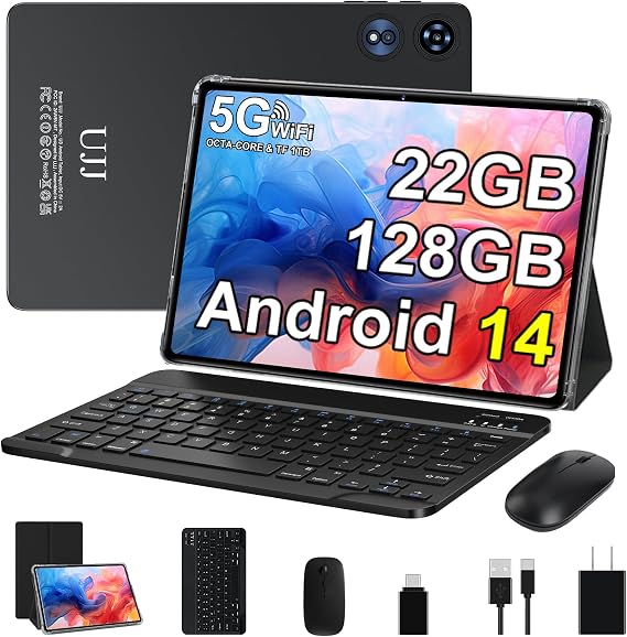 2025 Android 14 Tablet 22GB RAM 128GB ROM 1TB Expand, 10 inch Tablets with Keyboard Mouse, Octa-Core, 8000mAh Battery, HD IPS Display, 5G WiFi, BT 5.0, GPS, Widevine L1, Split Screen - Metal Black