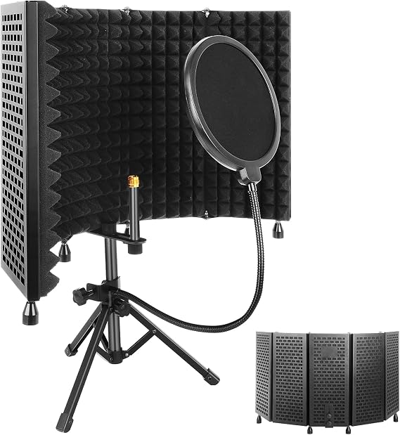 Studio Recording Microphone Isolation Shield with Pop Filter and Tripod Stand, High Density Absorbent Foam to Filter Vocal, Foldable Sound Shield for Blue Yeti and Condenser Microphones