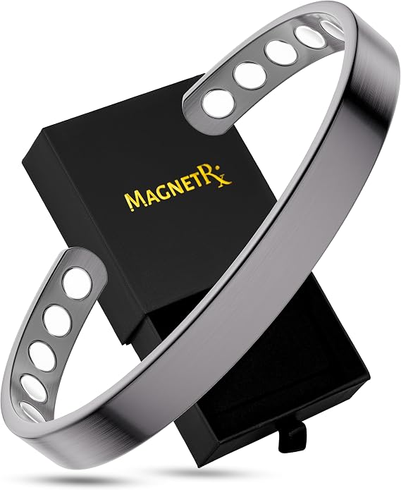 MagnetRX Magnetic Cuff Bracelets for Men & Women (Brushed Silver, Large)