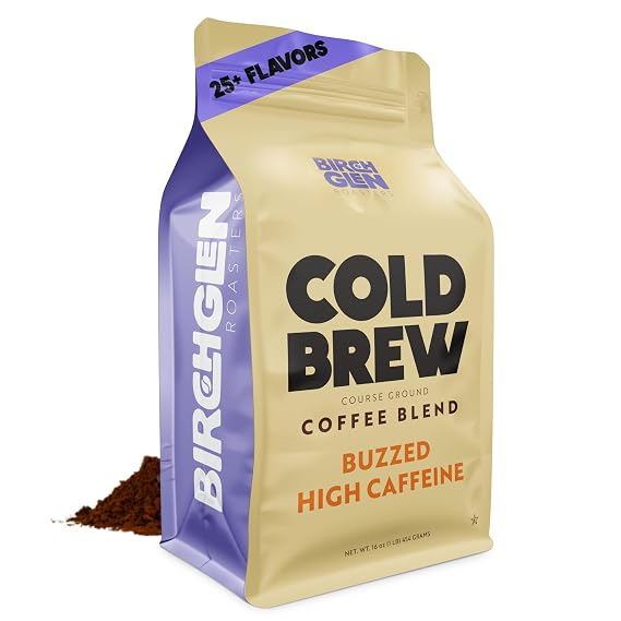 Buzzed High Caffeine Cold Brew Coffee Coarse Grounds - Bold & Strong Coffee - 1 Lb Resealable Bag - Birch Glen Roasters