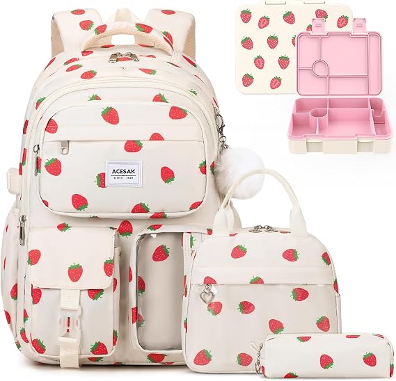 ACESAK Backpack for Girls with Leakproof Bento Box (Beige Strawberry)