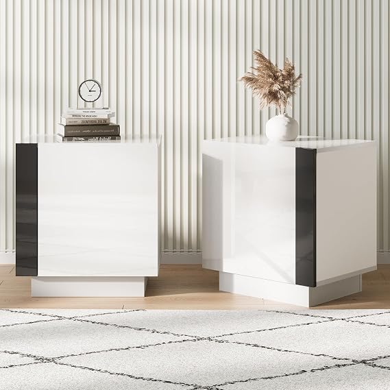 AMERLIFE 2 Piece High Gloss Side Table Set with Storage | Cabinet Storage, Entertainment Center Companion, Modern Home Furniture, Living Room Bedroom Office Use, White/Black