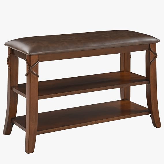 Shoe Bench with Leather Cushion, 2 Tiers Solid Wood Shoe Storage Benches, No-Tool Assembly, Shoe Organizer and Entryway Bench, Walnut Wood Shoe-Bench for Entryway, Bedroom