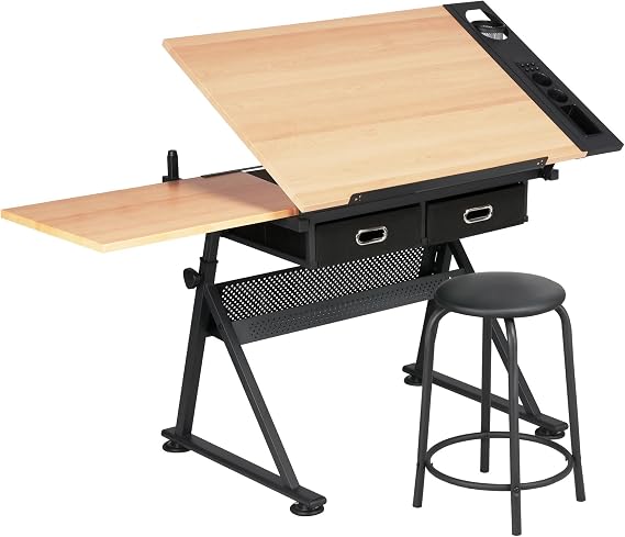Yaheetech Adjustable Drafting Table Art Desk, Storage Drawers & Stool, Wood | MDF tabletop tilts 0-60 on a metal frame for drawing, crafts, and homework, with two supply drawers and a matching stool.