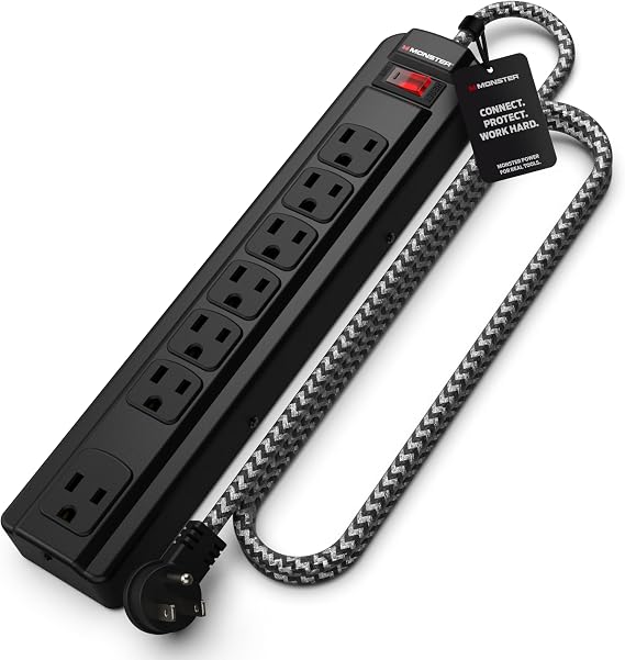 Monster Pro MI Surge Protector Power Strip, 7 Outlets, 240V, 1350 Joules, 4 ft Cord, Type B Plug, Black, Metal Enclosure