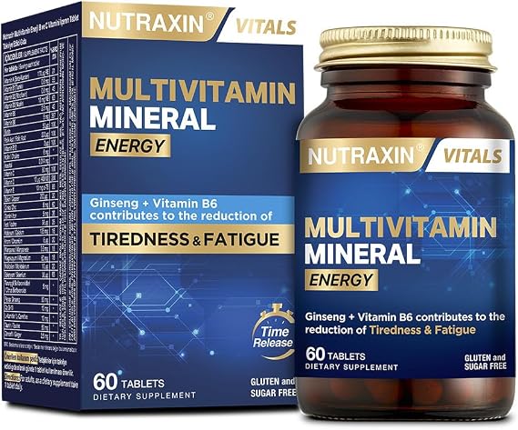 Nutraxin Multivitamin Mineral Energy – Ginseng, CoQ-10, L-Karnitin, Taurin ve 24 Vitamin-Mineral İçeren Enerji Destek Tableti – 60 Tablet – Vegan