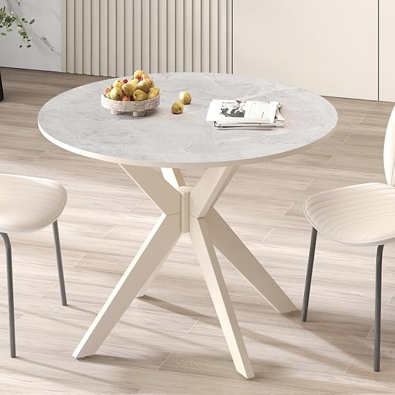 Round Dining Table, Mid Century Modern Kitchen Table for 2-4 Person, 36-inch Circle Tabletop & Trestle Pedestal Base, Leisure Coffee Table for Home Office, Living Room (White)