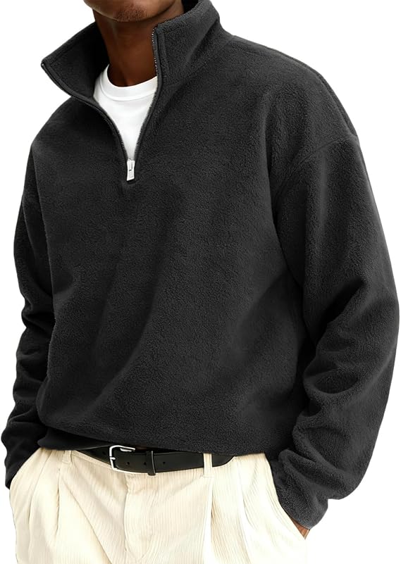 Quarter Zip Pullover Men Mock Neck Sweatshirt Fuzzy Sweater Sherpa Thermal Casual Long Sleeve Winter Fall Outwear