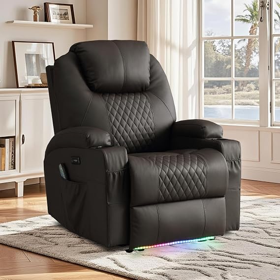 Power Recliner Chair for Adults, Faux Leather Recliner Chair with Vibration Massage & Heat, Home Theater Seating with Cup Holders/LED Lights/USB Ports/Side Pockets for Living Room, Brown