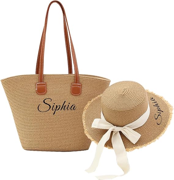 Personalized Custom Womens Summer Straw Hat and Tote Bag Set