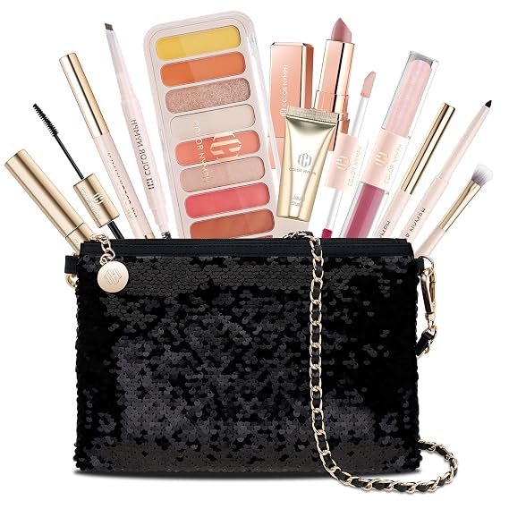 Color Nymph Makeup Kit For Girls, Women Make Up All In One Makeup Set For Starter With Sequin Bag, 9 Colors Eyeshadow Palette, Lip Gloss, Eyeliner, Mascara - Orange Pink, Party Wedding Evening Bag