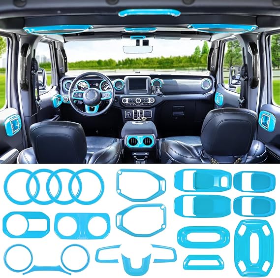 LAIKOU 21PCS Full Set Interior Decoration Trim Kit fit for Jeep Wrangler JL JLU 2018-2023 & Gladiator JT | Air Conditioning Vent Door Handle Speaker Light Headlight Switch Cover (Baby Blue)
