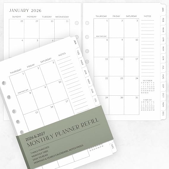 Beautiful 2026-2027 Monthly Planner Refill for 7 Ring Binders - A5 Inserts