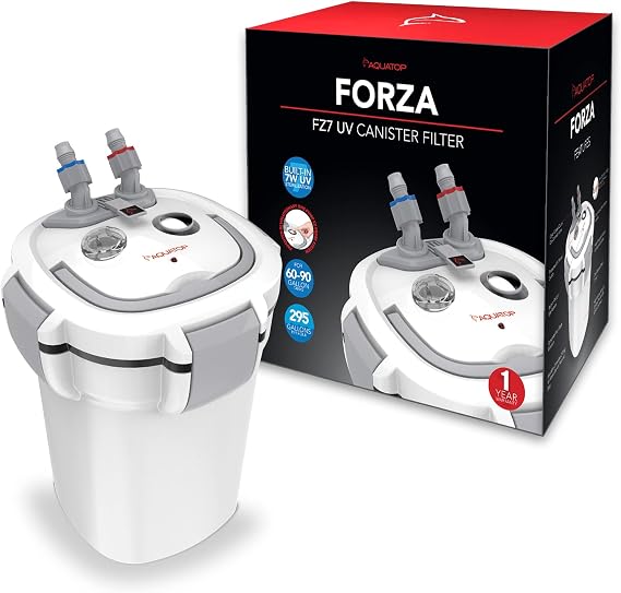Aquatop Forza Premium Canister Filter 295 GPH Flow Rate Ideal for 60-90 Gallon Tanks 7W for Crystal Clear Water Includes Filter Media