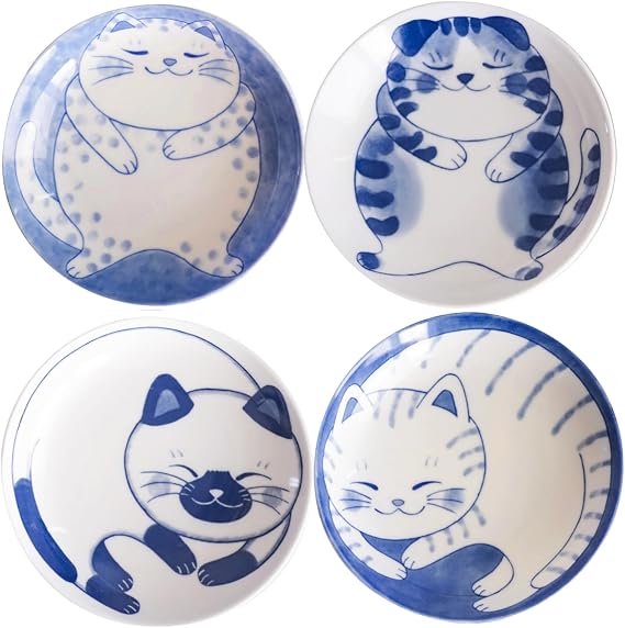 Dessert Salad Serving Plate Set Ceramic Cute Cats Design, 5.31inch x 1.06inch (13.5cm2.7cm) Plates Set of 4, Mino Ware