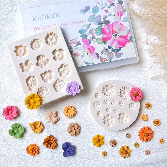 KEOKER Polymer Clay Flower Molds - 2 Pcs Molds for Jewelry Making, Clay Cutters for Earrings Decoration (Medium Flower)