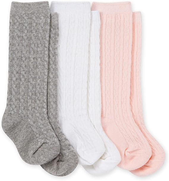 Burt's Bees Baby baby-girls Set of 3 Cable Knit Knee-high Organic Cotton Stockings Socks