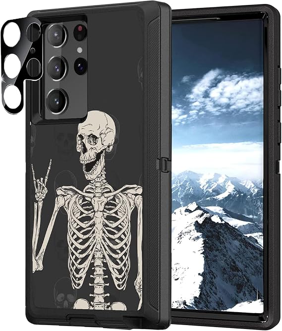 Compatible for Samsung Galaxy S22 Ultra Case Rock and Roll Skeleton Design with Camera Len Protector Heavy Duty [Military Grade Protection] Shockproof Case for Galaxy S22 Ultra, Skull Hippie