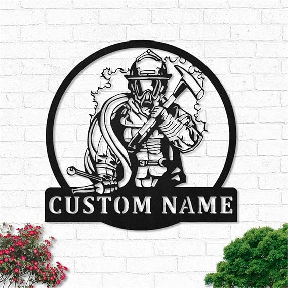 Personalized Firefighter Signs Outdoor Metal,Firefighter Metal Wall Art,Custom Fireman Name Sign Decoration for Room,Customized Name Signs for Wall Decor (12 in)