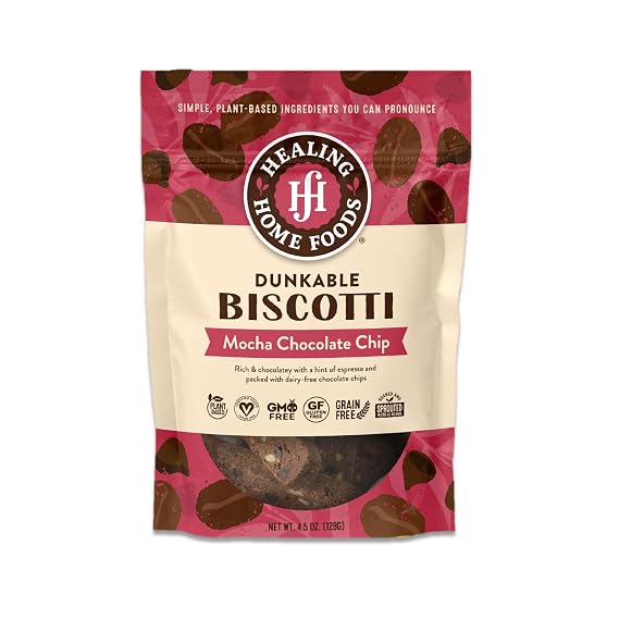 Healing Home Foods Mocha Biscotti Italian Cookies, Gluten Free, Dairy Free, Gourmet Chocolate & Coffee Almond Biscotti Italian Cookies with Organic Ground Espresso & Sprouted Almonds, 4.5oz (1Pack)