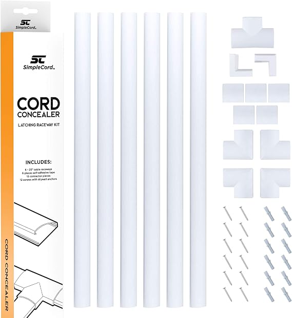Cord Concealer System Covers Cables, Cords, or Wires - Cable Cover Management Raceway Kit for Hiding Wall Mount TV Power Cords in Home or Office (Self-Adhesive) - Simple Cord