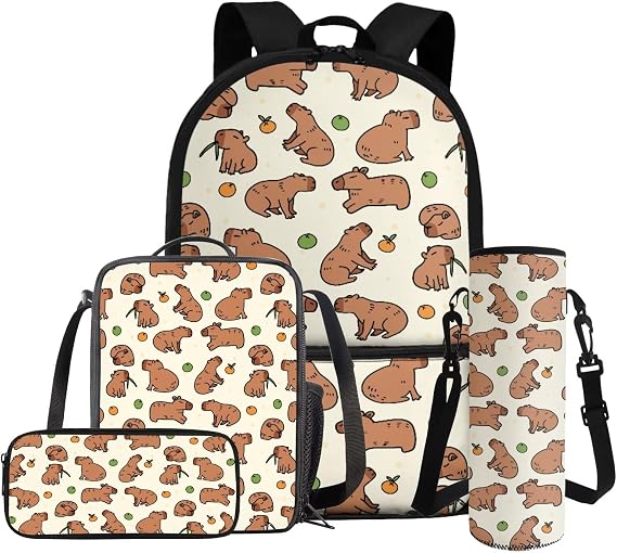 Cute Capybara Girls Backpack for Kids Elementary School Backpack Large Capacity Backpack and Lunch Box for Girls Cute 3rd Grade Kids Bookbag 4 in 1 Schoolbag Set