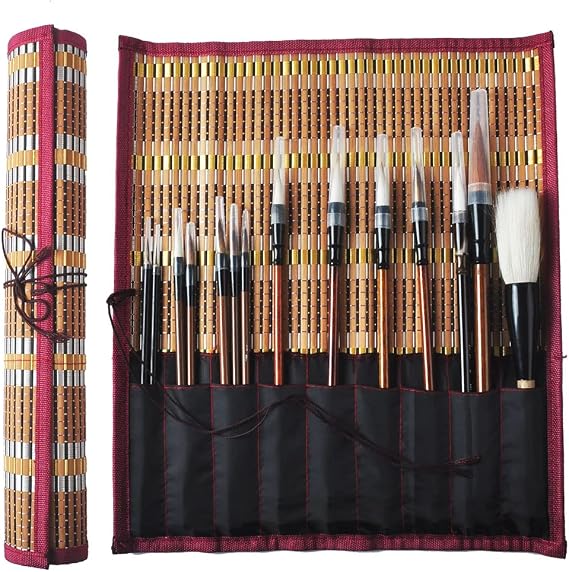 14 Pieces Chinese Calligraphy Brushes + 1 Roll-up Brush Holder Set for Japanese Chinese Sumi Painting Drawing Kanji Art Watercolor