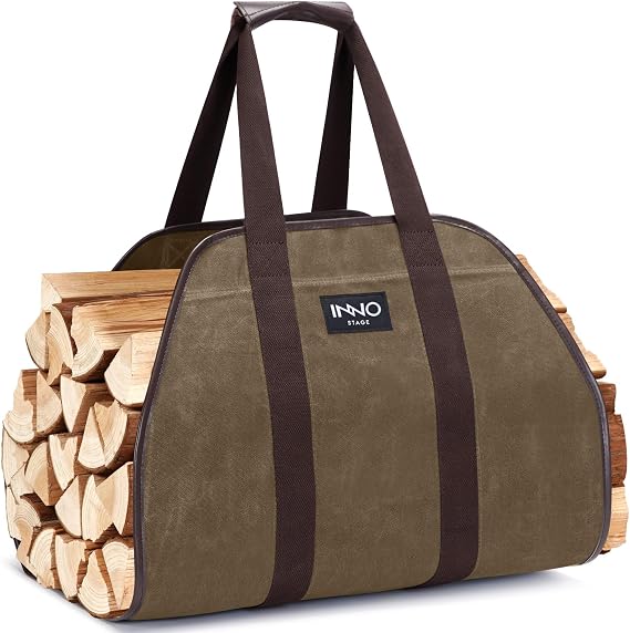 INNO STAGE Waxed Canvas Firewood Carrier Bag, Log Carrier Tote, Khaki