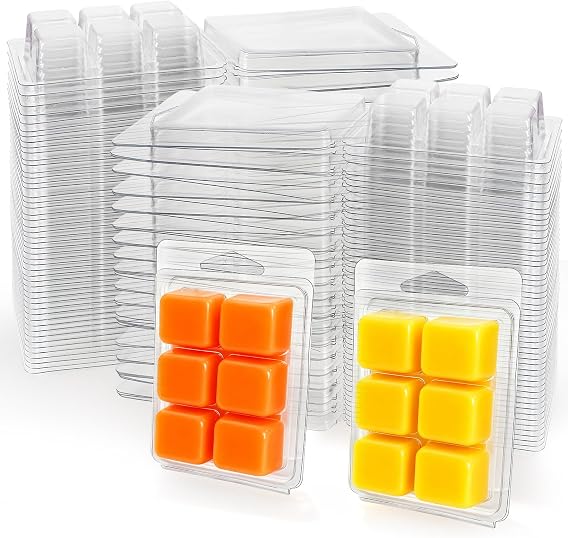 Jucoan 100 Pack Plastic Wax Melt Clamshell Mold, 6 Cavity Square Clear Wax Melt Molds Containers for DIY Wax Melt Candle Soap Craft Wedding Party Favor