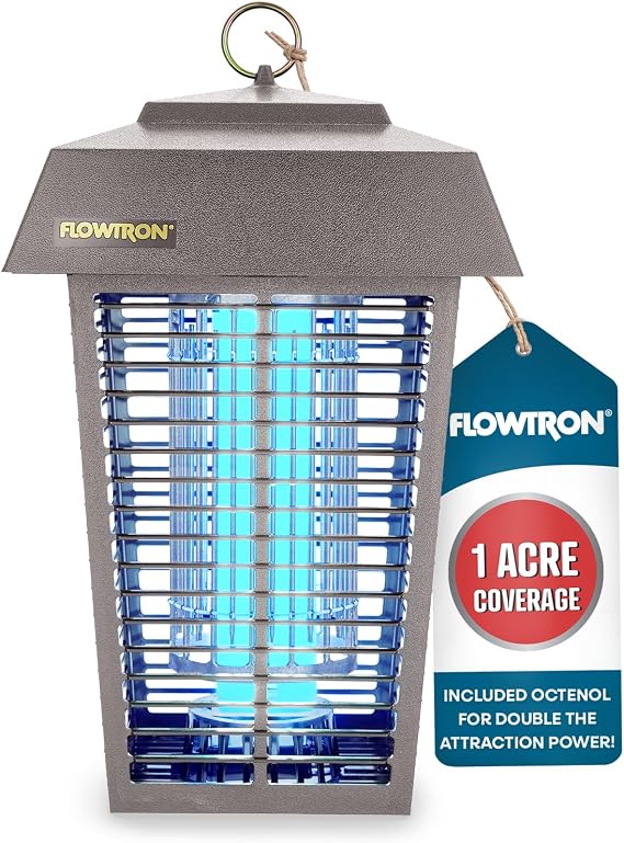 Flowtron Bug Zapper, 1 Acre Outdoor, 40W UV Bulb, 5600V Zap Grid, Grey | Protects yards, patios, and farms - octenol lure attracts and helps eliminate mosquitoes, flies, and gnats - ETL certified
