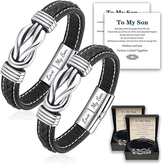Mother Son Bracelet, Mother and Son Forever Linked Together Braided Leather Bracelet, to My Son Bracelet from Mom, Braided Leather Knot Wristband Cuff Bracelet, Gifts for Men (2pcs)