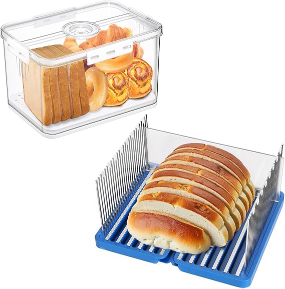 Bread Slicer for Homemade Bread with White Bread Box, 304 Stainless Steel Bread Cutter, Adjustable Sourdough Slicer, Foldable Bread Slicing Guide for Loaf, Bagel, Sandwich, Cakes