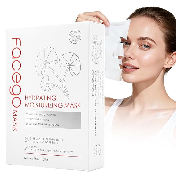 Facego Collagen Face Mask - Hydrating & Moisturizing Sheet Mask with Natural Centella Asiatica for Soothing Skincare, Deeply Nourishing Dry Skin 10-Count