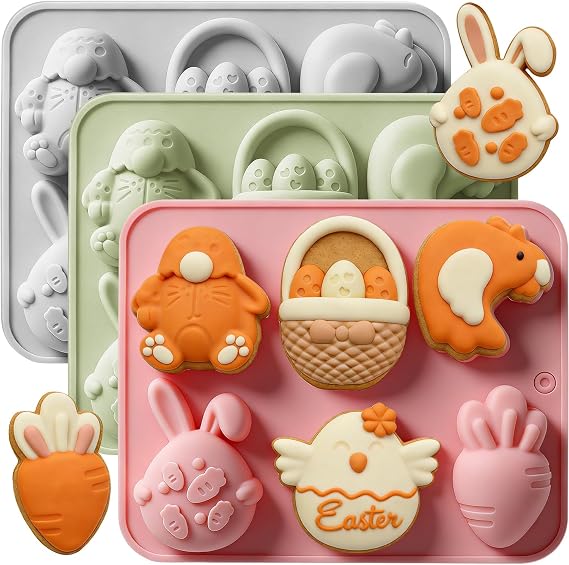 3Pack Easter Silicone Molds, 3D Bunny Carrot Egg Shapes Easter Chocolate Molds for Candy, Soap, Jelly, Ice Cube Cake Decoration